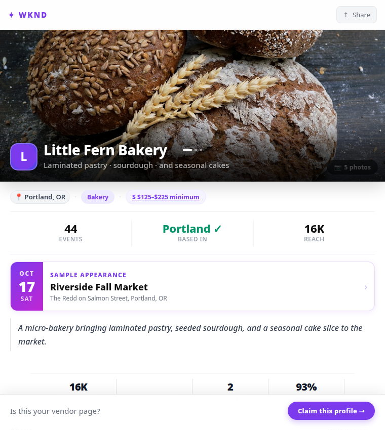 Sample bakery vendor storefront preview