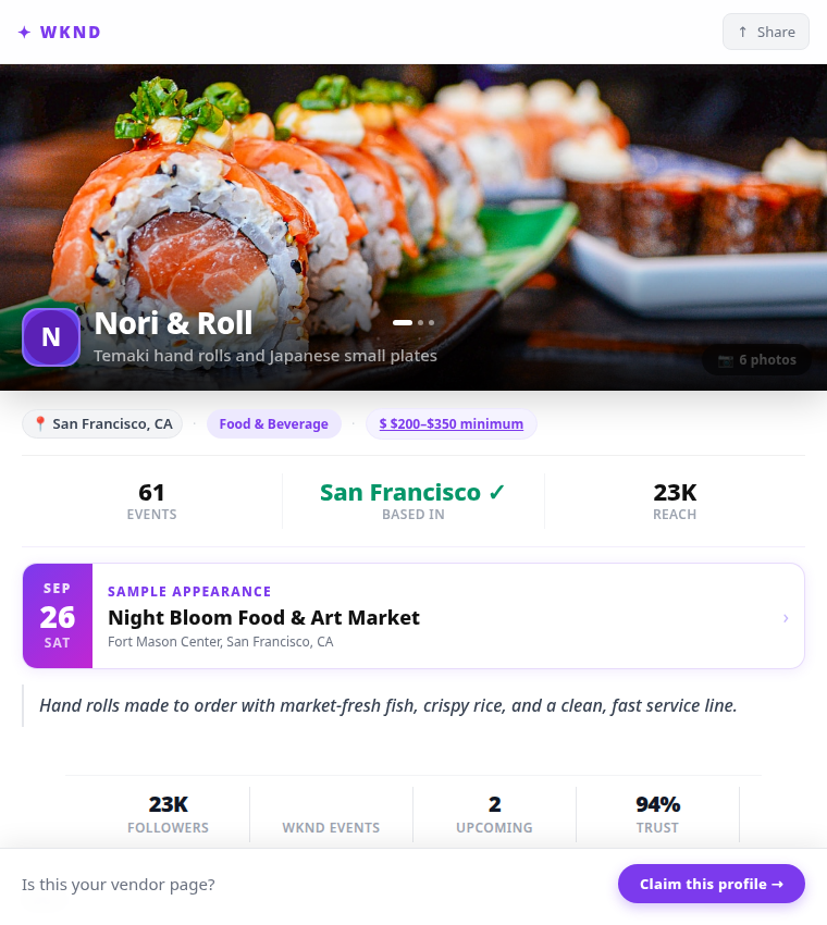 Sample food vendor storefront preview